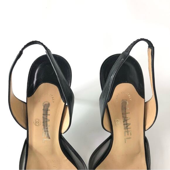 Vintage Chanel CC Logo Leather and Mesh Pointed Toe Slingback Pumps 38 - Picture 4 of 10